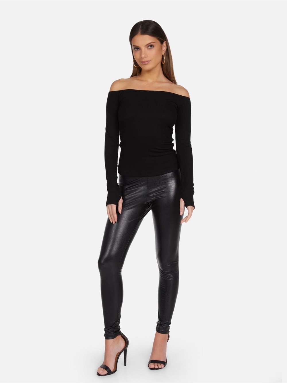 Michael Lauren Laney Off the Shoulder Black Ribbed Top Small Ribbed Stretchy - Picture 2 of 12
